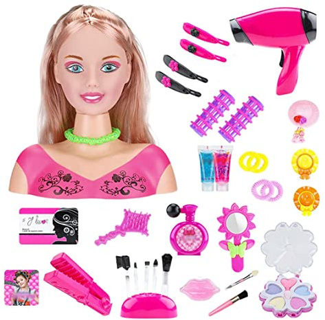 Gcroet Doll Head for Girls Hair Styling, Deluxe Hairstyle Hair Makeup Doll Toys Hairdresser Pretend Play Game Styling Head Kit for Kids Little Girls ..
