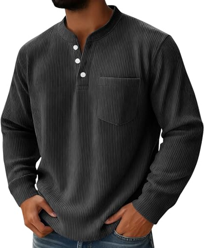UHouse Henley Langarmshirt Herren Cord Shirt Langarm Sport Freizeit Longsleeve mit Knopfleiste Brusttasche Tshirt Männer Fischerhemd Baumwolle Longshirt Golfshirt Schlafanzugoberteile Schwarz XL