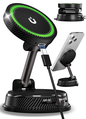 MagSafe Autohalterung 15W Handyhalterung Auto mit Ladefunktion, Magsafe Ladegerät Kfz Magnet Wireless Car Charger mit Vakuum Saugnapf für iPhone 17 16 15 14 13 12 Serie