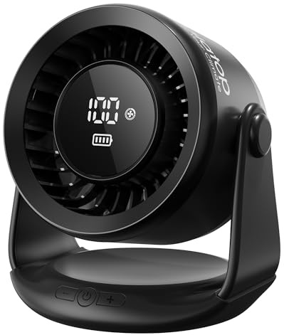 Gaiatop Tischventilator, Leiser Akku Ventilator mit 6 Stufen & LED Display | Bis zu 20 Std. Kühlung, 110° Neigung, USB-C Akku Ventilator für Schlafzimmer, Büro, Zuhause und Schlafsaal, Schwarz
