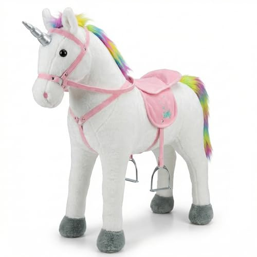TE-Trend Einhorn Stehpferd 75 cm – Reitpferd mit Sound, Regenbogen-Mähne & Sattel – Spielpferd zum Draufsitzen für Kinder