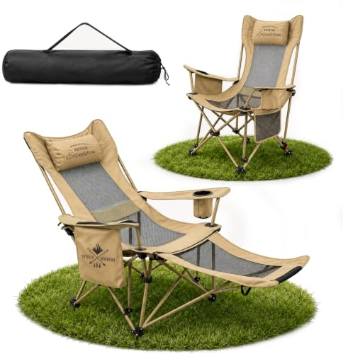 YYSWSAKY 2-in-1 Campingstuhl mit Fußablage, Camping Liegestuhl Klappbar, 4-Fach Verstellbare Rückenlehne, mit Getränkehalter Kühltasche, Campingstühle Erwachsene 120KG, Outdoor Camping Angler Strand