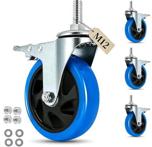 IQWTU 125MM Lenkrollen mit Bremse, 4 Stück Möbelrollen mit M12 x 1,75 x 30mm Schraube, Schwerlastrollen Transportrollen 360° Drehung bis 700KG, Möbelrollen Gewinde M12 für Wagen, Möbel, Grill