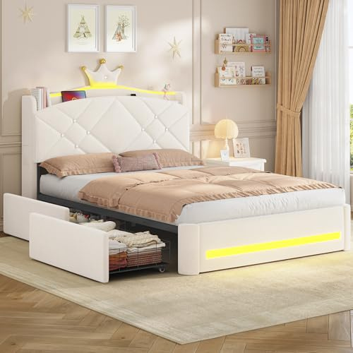 AOGLLATI Polsterbett 140x200 mit Krone-Design, Ladestation & LED-Beleuchtung, Doppelbett mit Gepolstertes Kopfteil, 2 Schubladen, Lattenrost, für 140 x 200 Matratze, Beige Samt, (ohne Matratze)