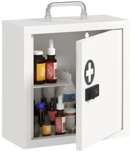HOMCOM Armoire Pharmacie Serrure Combinaison, poignée, 30x14x30cm, Blanc | Armoire pharmacie verrouillable, 2 niveaux, premiers secours acier inox, pour cuisine, couloir, salon