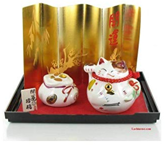 lachineuse - Maneki Neko Komposition - Japanisches Deko-Set - Porzellanobjekte auf Tablett - Japanische Glückskatze - Geschenkidee Japan Asien