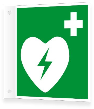 Fahnenschild Wandmontage | Defibrillator gem. ASR A1.3 E010 | in verschiedenen Größen erhältlich | direkt bedruckt