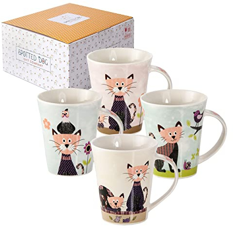 SPOTTED DOG GIFT COMPANY Katze Tassen Set 4er 360ml Porzellan Katzentasse – Süße & bunte Kaffeebecher & Kaffeetassen mit Katzen-Motiv | Geschenk für Katzenliebhaber & Frauen, Männer