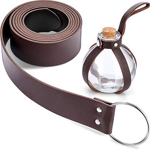 Halloween Dark Magic Cork Potion Round Spherical Clear Glass Bottle with Medieval Knight Leather Belt for Costume Props DIY Crafts and Decorative Bottles, 200 ml