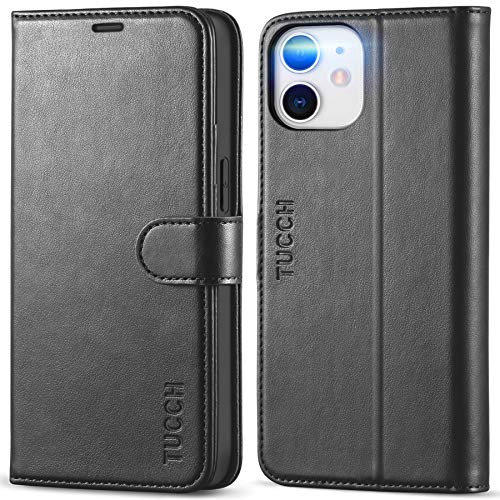 TUCCH Hülle für iPhone 12 mini (5,4 Zoll), Schwarz | Verdicktes TPU, Kartenfächer, Standfunktion, Magnet, Stoßfeste Schutzhülle, Cover Klapphülle für iPhone 12 mini
