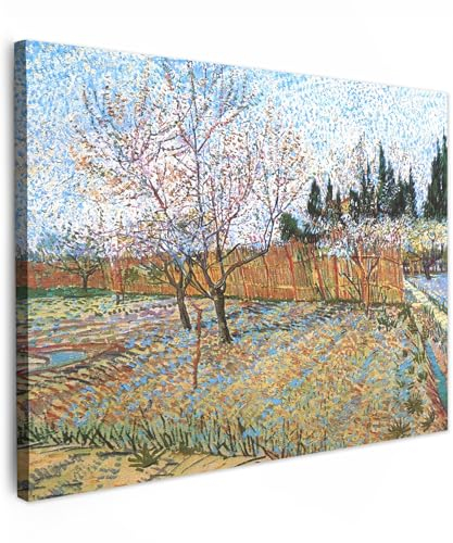 MuchoWow Leinwand Bilder, Einzigartige Wanddeko mit Rahmen, Blühender Pfirsichbaum - Vincent van Gogh, Wandbilder Wohnzimmer, Deko Schlafzimmer 120x90 cm