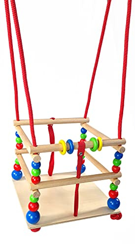 Hess Jouet en Bois 20000 - Balançoire en Bois avec échelons, Perles et Anneaux Multicolores - Fait à la Main - pour bébés à partir de 12 Mois - Plaisir de balançoire dans la Maison, Le Jardin et la