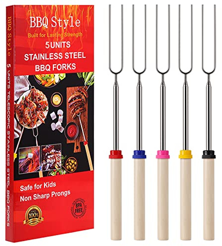 Marshmallow Roasting Sticks, Telescoping Smores Sticks for Open Fire Pit, 32 Inch Long Marshmallow Toasting Barbecue Forks S’mores Skewers for Campfire Camping Hotdog Hot Dog Bonfire Grill, 5 Pack