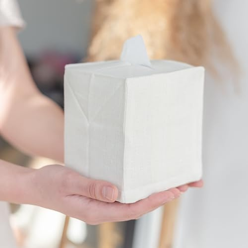 White Linen Tissue Box Cover. Square Tissue Box Holder for Bathroom and Office. Coffee Table Decor. (White)