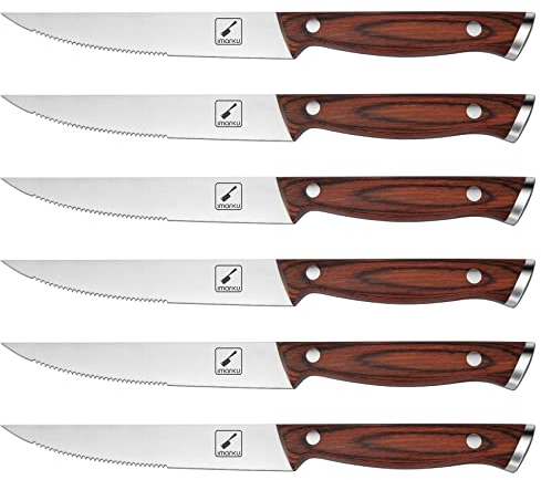 imarku Steakmesser 6-teilig（12.5 cm） Set aus deutsche Edelstahl mit Pakka-Holzgriff, Scharfe Gezahnte Pizzamesser, Tafelmesser, Steak Knife, Ergonomische Form mit Geschenkbox—Vatertagsgeschenk