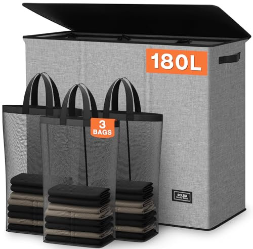 SOLEDI 180L Laundry Basket 3 Section, Extra Large Laundry Hamper with Lid, Dirty Clothes Hamper with Sturdy Handle, Large Laundry Basket Organizer for Laundry Room, Bedroom, Hampers for Laundry