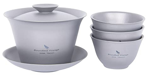 iBasingo 200ml Titan Gaiwan 3 35ml Kung Fu Teetasse & Untertasse mit Deckel Tragbares Reise Teeservice Chinesische Teeset Leichtes Outdoor Camping Doppelwandige Langlebige Teetassen Ti3124D