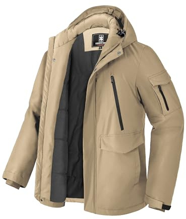 Pioneer Camp Giacca invernale da uomo, impermeabile, calda foderata in pile, antivento, parka da uomo, con 9 tasche, giacca da esterno da uomo, con cappuccio (S-XXL), cachi, L