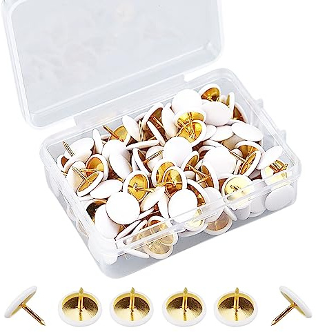 Lot de 150 punaises blanches à tête ronde en métal – Pointes plates en acier doré pour carte, mur photo, tableau en liège