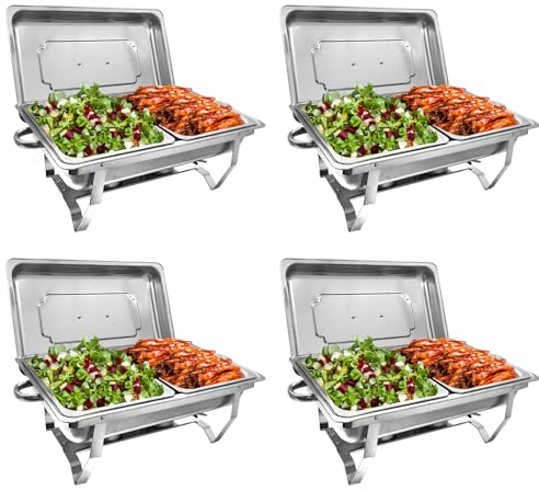 Jacgood Chafing Dish Buffet Set, 4 Pack 8QT Buffet Servers and Warmers, Chafing Servers with Covers, Half Size Food Pan, Chafer, Folding Stand, Food Warmer for Parties