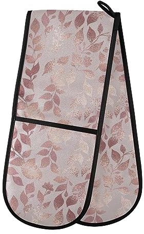 Double Oven Gloves Rose Gold Floral Glitter Heat Resistant Pot Holder Oven Mitt Gloves for BBQ Cooking Baking Grilling Microwave