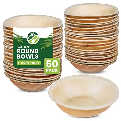 ECO Leaf 50 Disposable Palm Leaf Bowls 3”(9cm) Round Compostable Small Bowl Snack Bowls, Sauce Pots, Ketchup and Mayo Pots Eco-Friendly, Biodegradable Bowl for Wedding, Party and Picnic Oven Safe