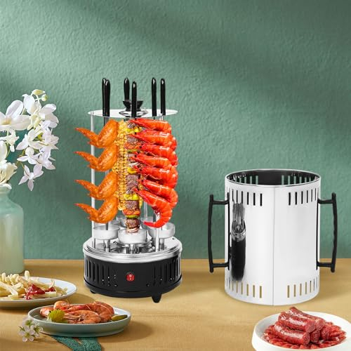 Barbecue verticale da tavolo elettrico in acciaio inox con 6 spiedini, griglia verticale per shish kebab, carne, gamberetti, gyrossspiedini, modulo di riscaldamento con griglia di protezione, 1000 W,