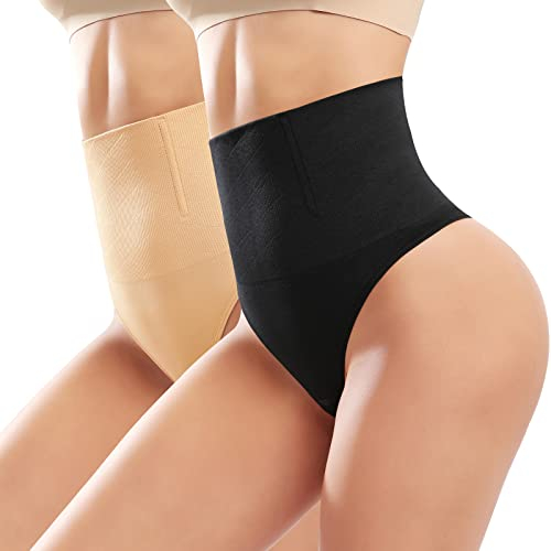 Tuopuda Mutande Contenitive Donna Pancia Piatta Guaina Contenitiva Vita Alta Intimo Modellante Sexy Tanga Invisibile Corpetto Shapewear Effetto Ventre, Nero + Beige, S