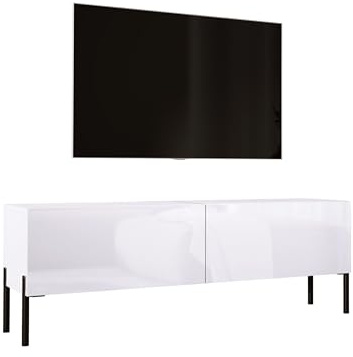 Meuble TV Bas Moderne - Blanc Mat/Blanc Brillant/Pieds Noirs - 140x52x32 cm