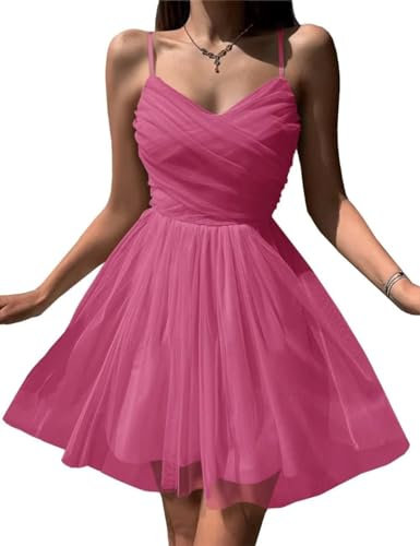 Vestido corto de tul para mujer, con tirantes delgados, cuello en V, para fiesta de graduación, vestido de cóctel, fucsia, 60 Más