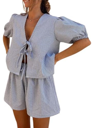 Acrawnni Damen-Pyjama-Set mit Schnürung vorne, Y2K, Puffärmel, Krawatte vorne, kariert, Babydoll-Shirts, Shorts, 2-teiliges Pyjama-Set, Loungewear, C-dark blue, 36