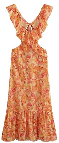 Blommig volangklänning dam chic elegant skuren midja rygglös midi-klänning, Orange, M