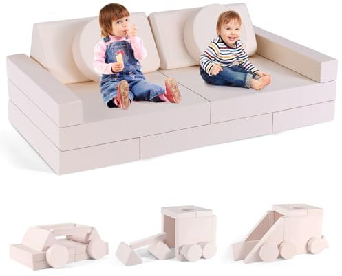 nmoiww Kindersofa, 14-teiliges Schaumstoff-Baustein-Kinderspielsofa, modulares Kindersofa, lustiges zusammenklappbares Kinderschlafsofa, 2 Sitzer, für Spielzimmer (Beige)