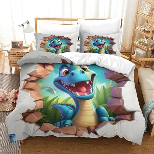 Dinosaurio lindo Juego De Sábanas Y Fundas Nórdicas Impresas En 3D Microfibra Suave Animales 3D Fundas De Almohada Cremallera Adecuado Para Niños Adolescentes Y Adultos 3 Piezas individual（140x200cm）