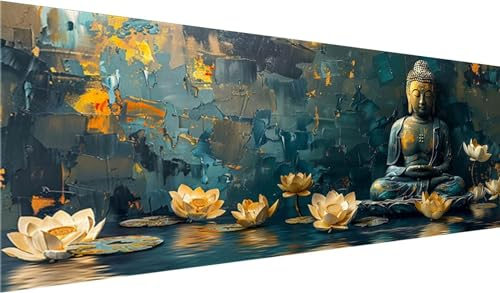 Diamond Painting Set 250x100 cm, DIY Lotus Diamond Painting Eckige Steine Strass Cross Stickerei Kunst Kits, Diamond Painting Zubehör Set Basteln Erwachsene, Diamond Painting Buddha Figur für Wanddeko