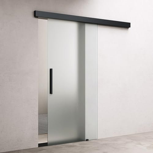 doporro Porta Scorrevole in Vetro 90x215cm, Porta Scorrevole in Vetro Satinato 8mm con Binario e Maniglia Per Asta per Bagno Cucina Studio Ufficio, Nero, Amalfi-plus 14H