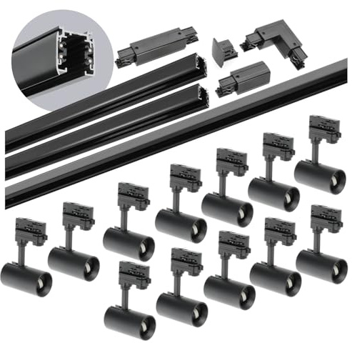 ekobi 3-Phasen-Schienenset NEXTRACK - Schienensystem Komplett-Set mit 12x GU10 Lampe und 2x1m+2 Schiene, Verbinder I+L (Schwarz, 2x1m+2m Schiene + Verbinder I&L)