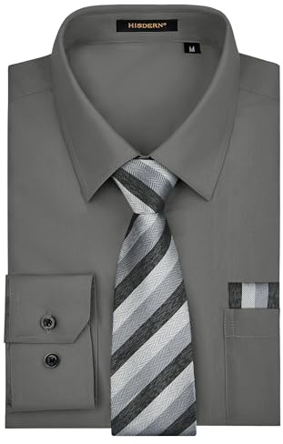HISDERN Herren Hemd Langarm Grau Hemd und Krawatte Set Formelle Regular Unifarben Anzughemd mit Brusttasche L