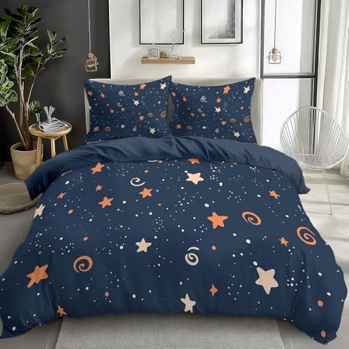 XCQHZYQ Bettwäsche-Set 155x220 cm Blaue Cartoon-Sterne Wende Bettwäsche Einzelbett für Kinder 3D Microfaser Baumwolle Bettbezug und Kissenbezug 80x80cm mit Reißverschluss