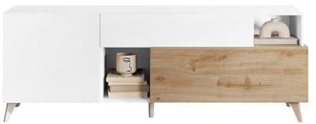 AltoBuy Carlo - Meuble TV 2 Portes 1 Tiroir Laqué Blanc et Aspect Bois Finition Cadiz