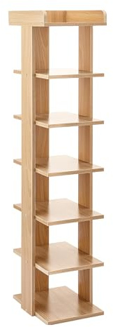JF HOME BLISS 7-Tier Narrow Shoe Rack, Tall Shoe Shelf Organizer, Freestanding Ladder Design for Corner Storage, Wood Color