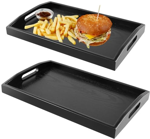 CHUENKUK 2 Stück Serviertablett Holz Schwarz, Holztablett Rechteckig mit Griff, 40 x 28 cm und 36 x 23 cm Holz Tablett Küchentablett für Küche, Restaurant