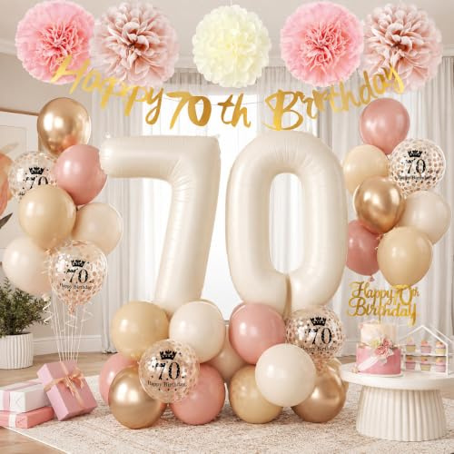 Froova 70th Birthday Decorations for Women Dusty Blush Pink Birthday Balloons Happy 70th Banner Cake Toppers Pom Poms Retro Rose Gold Number 70 Balloon for 70 Year Old Bday Party Decoration Supplies