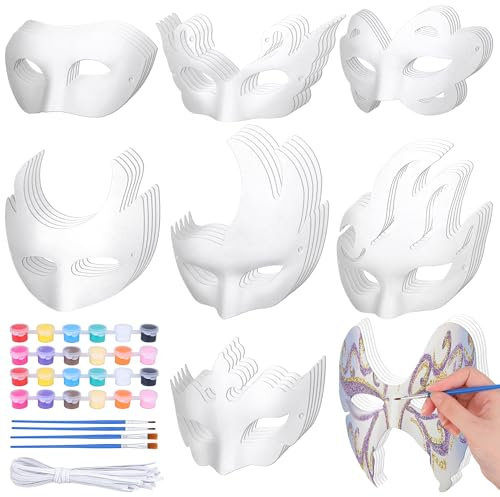 Vivantia Lot de 40 masques en papier blanc à faire soi-même - Demi-visage - Masques vierges peints à la main - Masques de graffiti avec attaches - Pinceaux de peinture acrylique - Masque de fête pour