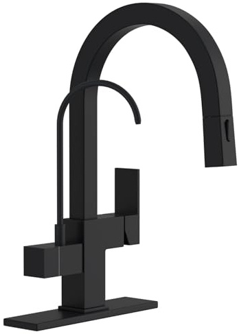 APPASO Square Kitchen Faucet, cUPC Certified Hoses, Matte Black 3 Way Sink Faucets with Pull Down Sprayer 2 Modes, High Arch 2 Handle 2 in 1 Faucet with Deck Plate (Without Water Filtration Device)