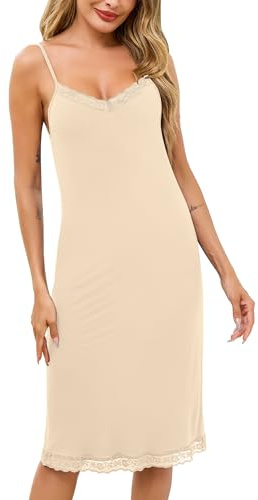 Vlazom Enaguas Enteras para Mujer con Encaje y Tirantes Ajustables - Diseño Elástico y Elegante para Subvestido o Estilo Íntimo(L,Nude)