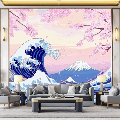 Carta da parati 200 x 140 cm Fotomurali in Onde Fiori di Ciliegio Stile Giapponese Murale alla moda Decorazione da Muro Poster Gigante Design Carta per pareti Murale Soggiorno Camera Da Letto Blu Rosa