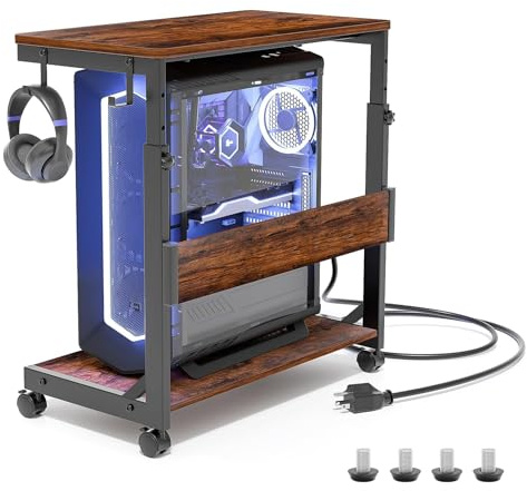 Torre de computadora ajustable en altura con carro ATX de 2 capas, soporte de ordenador en pie, soporte para impresora con espacio de almacenamiento, ruedas bloqueables, se adapta a la mayoría