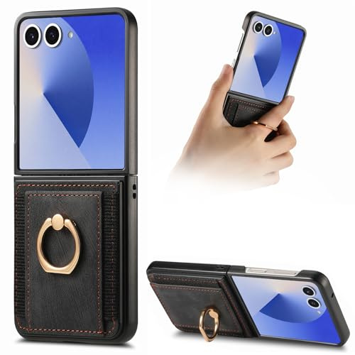 Knoowcase for Samsung Galaxy Z Flip 7 Phone Case Wallet Shockproof Bumper with Ring Holder Card Slots PU Leather Case Anit-Fall Anti-Drop Kickstand Back Cover for Samsung Z Flip 7 Case,Black