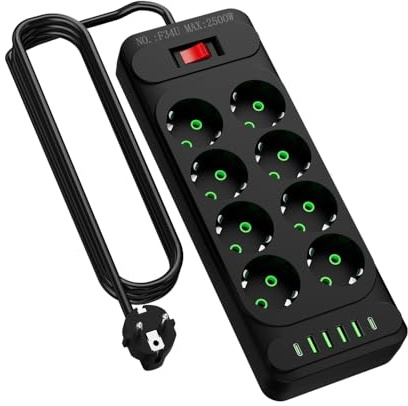Hörnuttag med USB och typ C, 3/4/6/8 fack flera uttag med strömbrytare, grenuttag överspänningsskydd med 2 m kabel för kök (8-vägs)